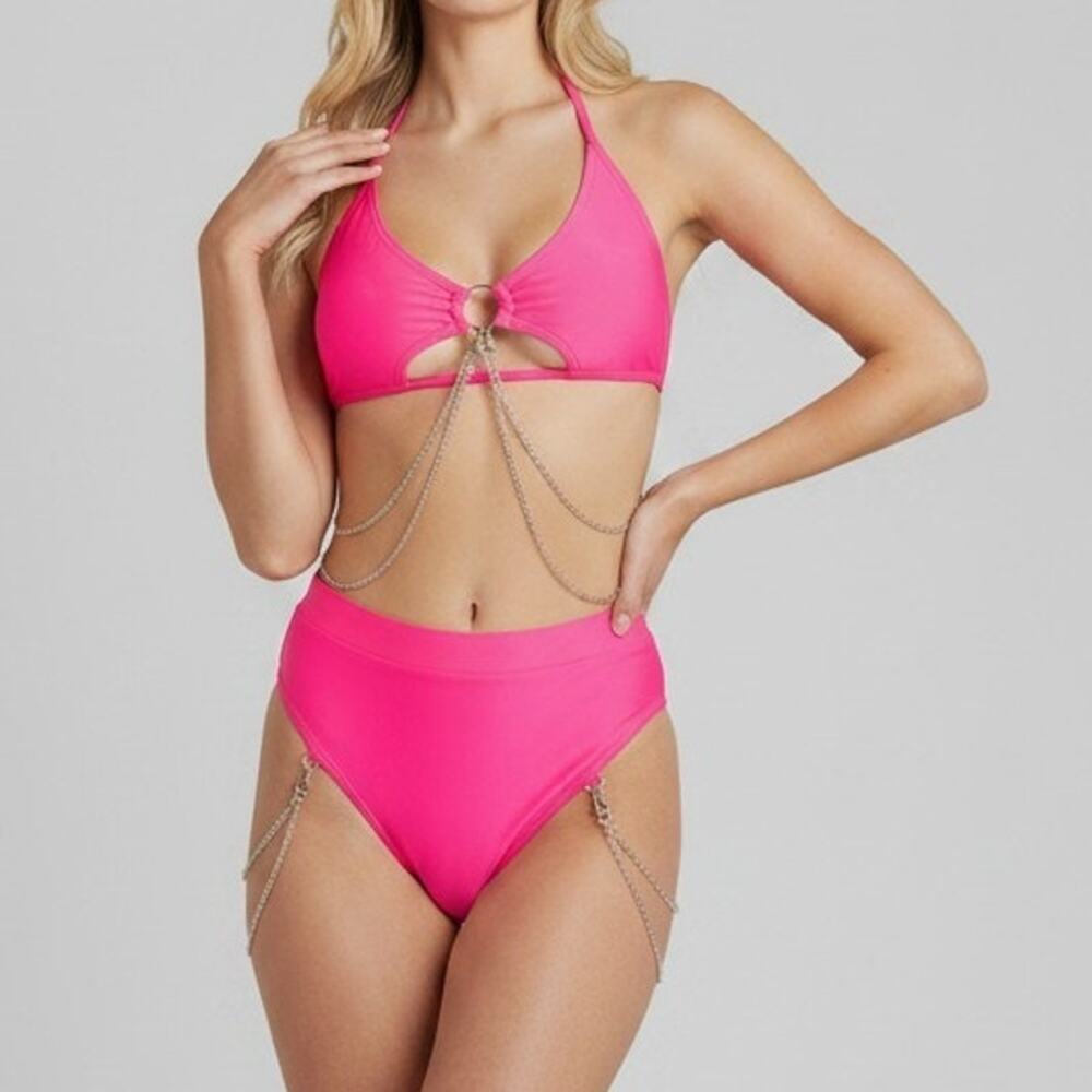 Hot Pink Rave Chain High Waisted Cheeky Bikini Set Women's Size M NWOT